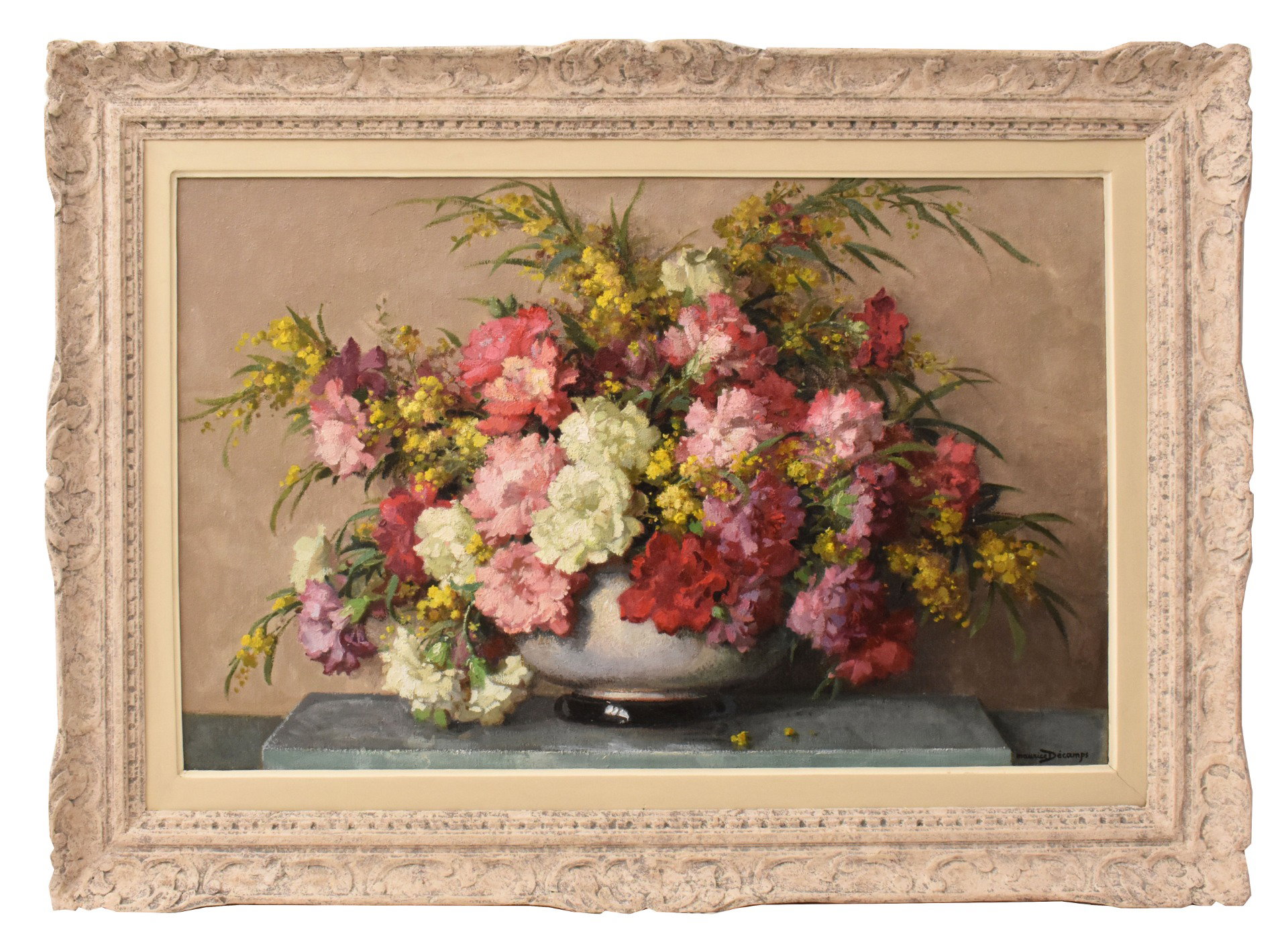 OLD PAINTINGS, ART DECO, STILL LIFE WITH CARNATIONS AND MIMOSA FLOWERS, OIL ON CANVAS, 20TH CENTURY. (QF735)